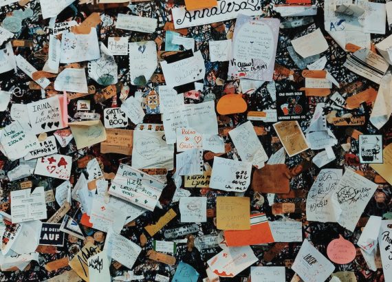 assorted notes on wall